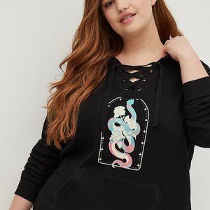 TORRID LACE-UP HOODIE - COZY FLEECE SNAKE ROSE BLACK 2X NWT.